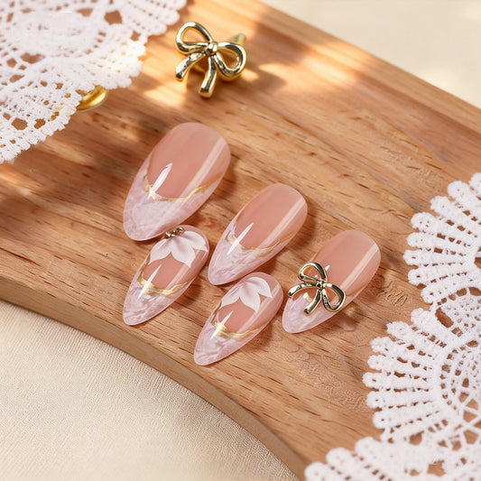 BABALAL Press on Nails, Medium Almond Fake Nails, White French Tip, Flower & Bow Charm, Glossy Full Cover Glue On Nails For Women And Girls 24Pcs