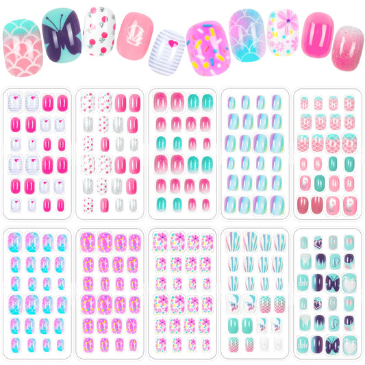 240 Pieces Press on Nails Girls Fake Nails for Kids Artificial Kids Press on Nails Full Cover Short Acrylic Stick On Nails False Nail Tips Kit for Girls Nail Art Decoration