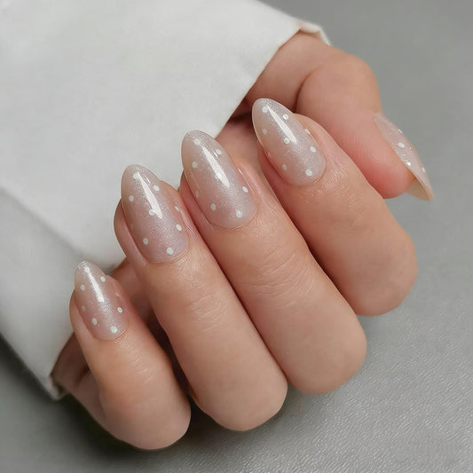 Nude Polka Dot Short Almond Press on Nails, Glitter Dots Gel Fake Nails Kit with Glue, Reusable 32Pcs & 16 Sizes for Women, Parties, Daily Wear