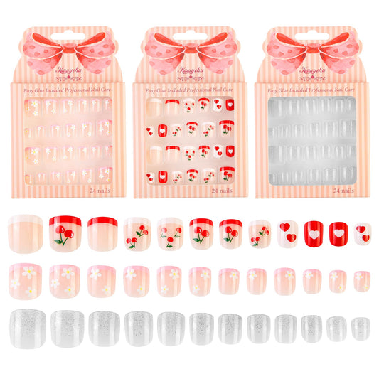 Kawyehu Kids Press on Nails Children Fake Nails 72PCS Artificial Nail Tips Adhesive Full Cover Short False Fingernails for Girls Kids Nail Decoration (Cherry Diamond Glitter)
