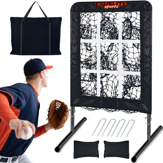 9 Hole Pitching Net with Strike Zone, Baseball Pitching Target, Softball Pitching Net, Portable Pitcher Training Equipment Height Adjustable（Black）
