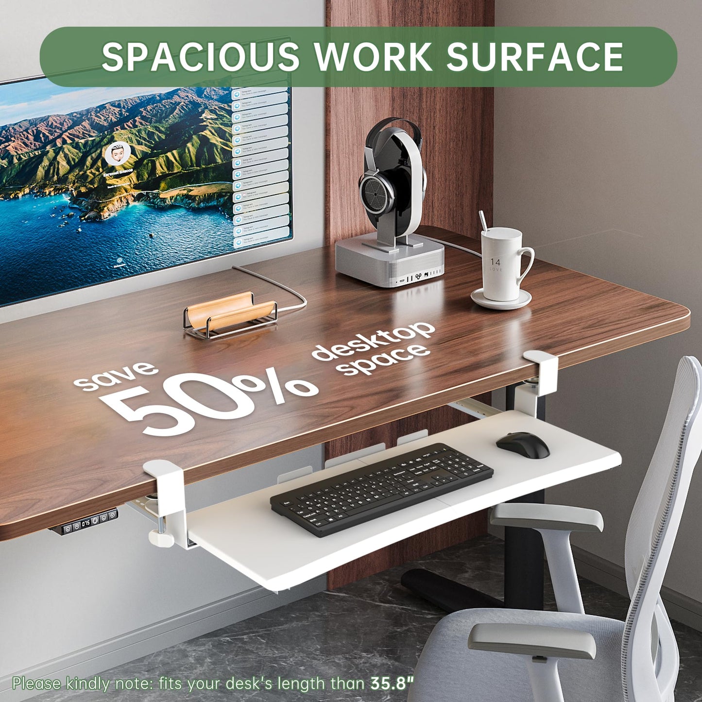 UPGRAVITY Extra Large Keyboard Tray Under Desk - Slide Out with Sturdy C-Clip Mount System, 31.5" (35.8" Including Clamps) x 11.8" Put-Out Keyboard Tray Computer Drawer for Ergonomic Typing, White