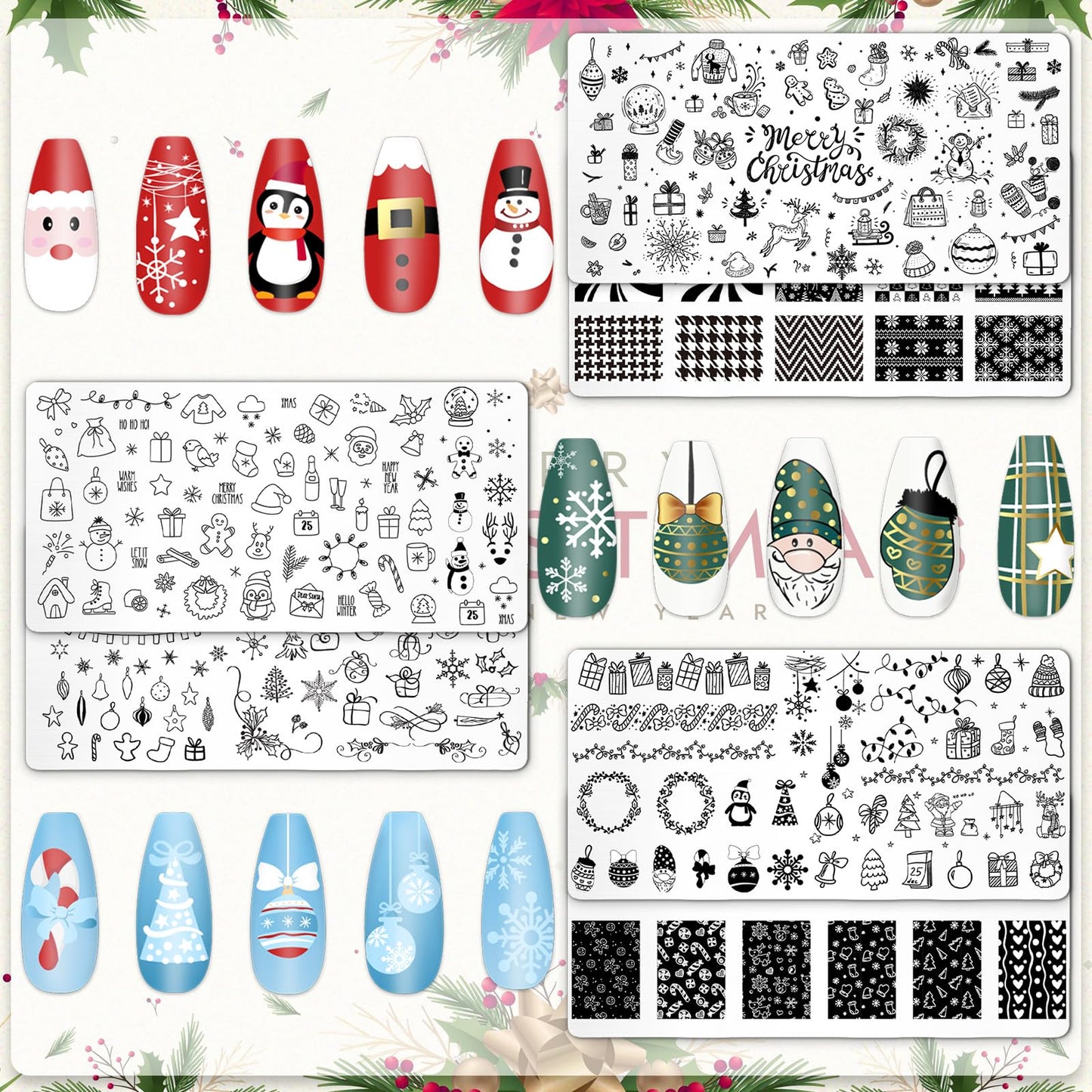Whaline 6Pcs Christmas Nail Plates Stamping Set Stamp Templates Xmas Ball Snowman Snowflake Nail Art Plates for Winter DIY Print Manicure Salon Design