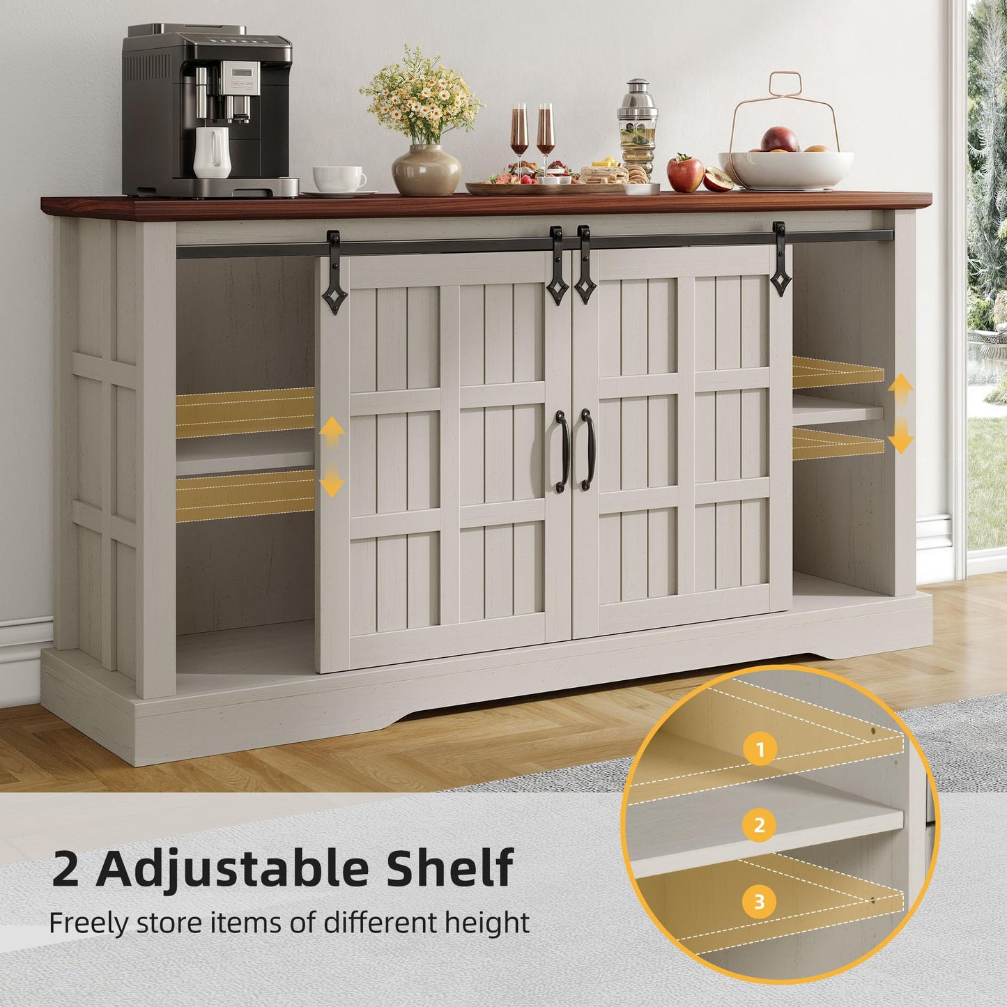 DWVO 59" Sideboard Buffet Cabinet with Storage, Kitchen Storage Cabinet with Sliding Barn Doors and 4 Drawers for Living Room/Kitchen, White Oak