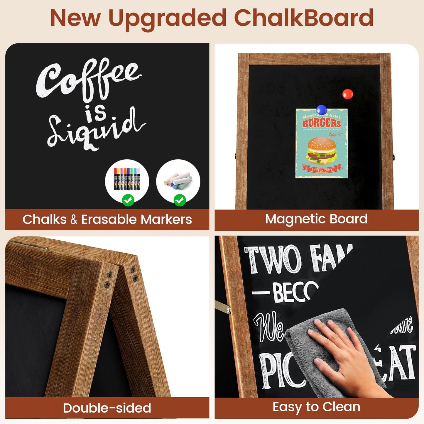 Chezerra A Frame Chalkboard Sign, 40"x20" Extra Large Sidewalk Chalk Board, Wooden Standing ChalkBoards Set with Markers, Double-Sided Magnetic Blackboard for Cafés, Weddings, Party Guide, Brown