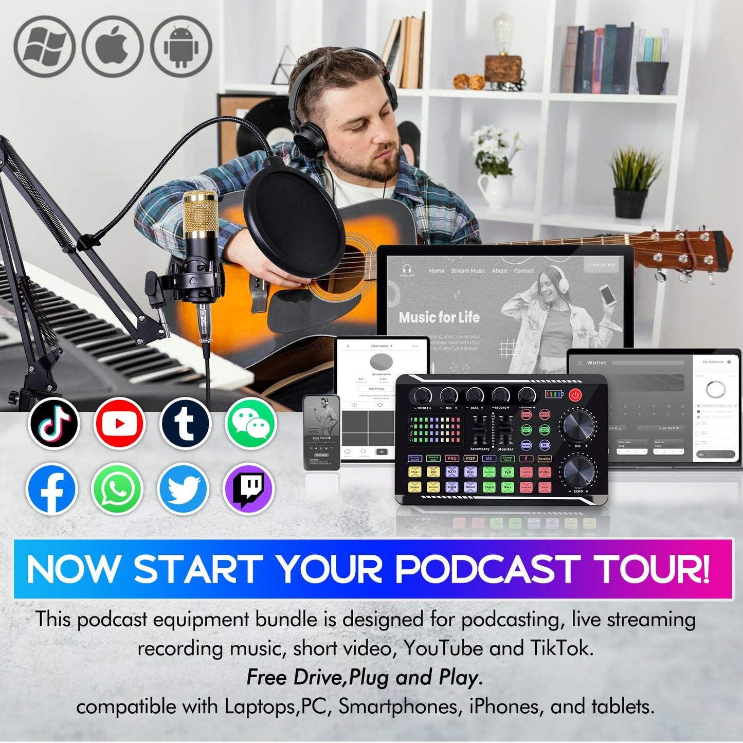 ALSO GO Podcast Equipment Bundle, Podcast Equipment with BM-800 Microphone(Gold) & F998 Sound Card, Recording Studio Equipment for Podcasting, Singing, Gaming, and Live Streaming YouTube Tiktok