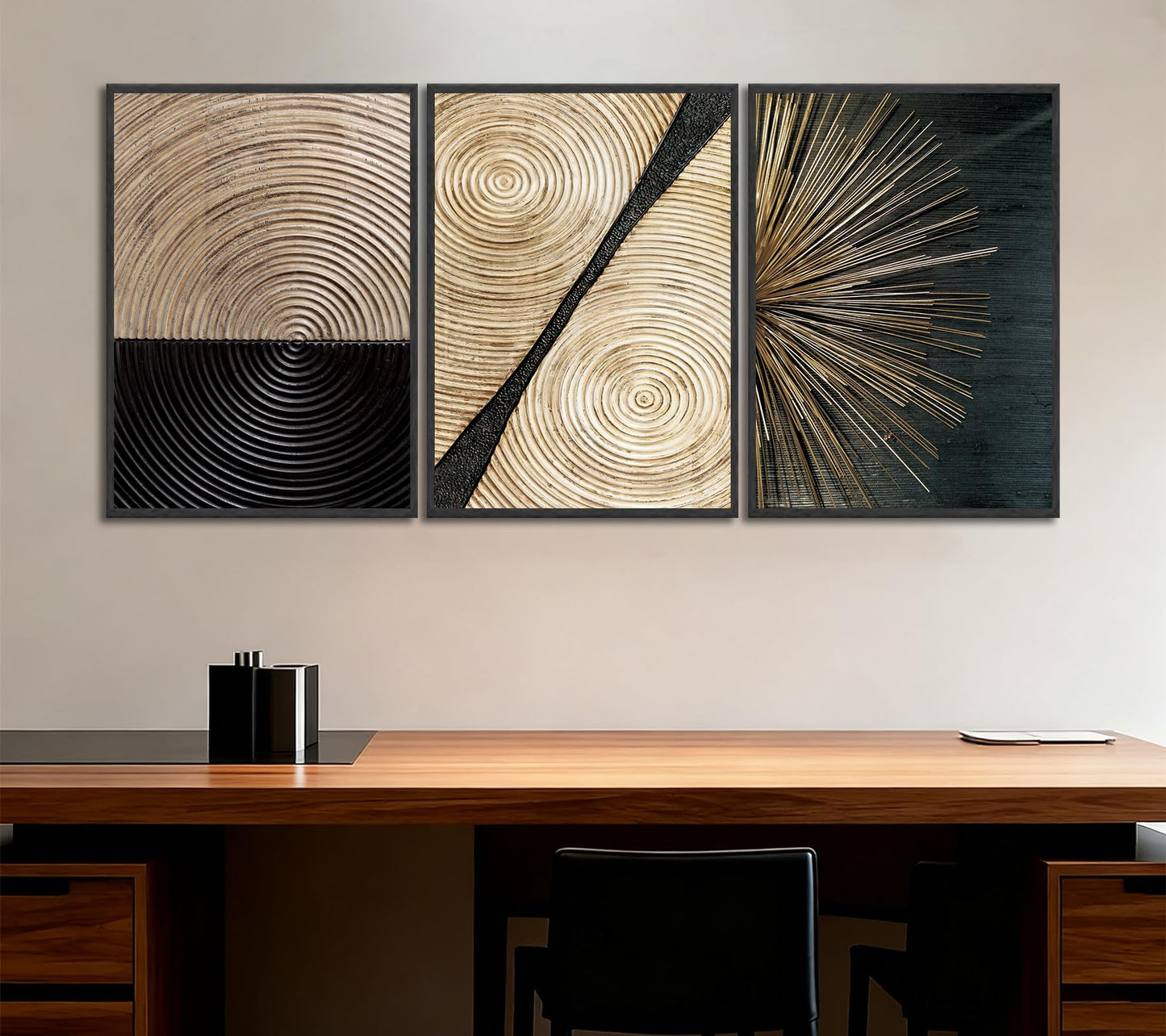 3Pcs Retro Wood Grain Canvas Wall Art Minimalist Black Gold Abstract Line Painting Pictures Wall Decor Neutral Geometric Beige Brown Poster Prints for Bedroom Office Decoration 12x16in Unframed