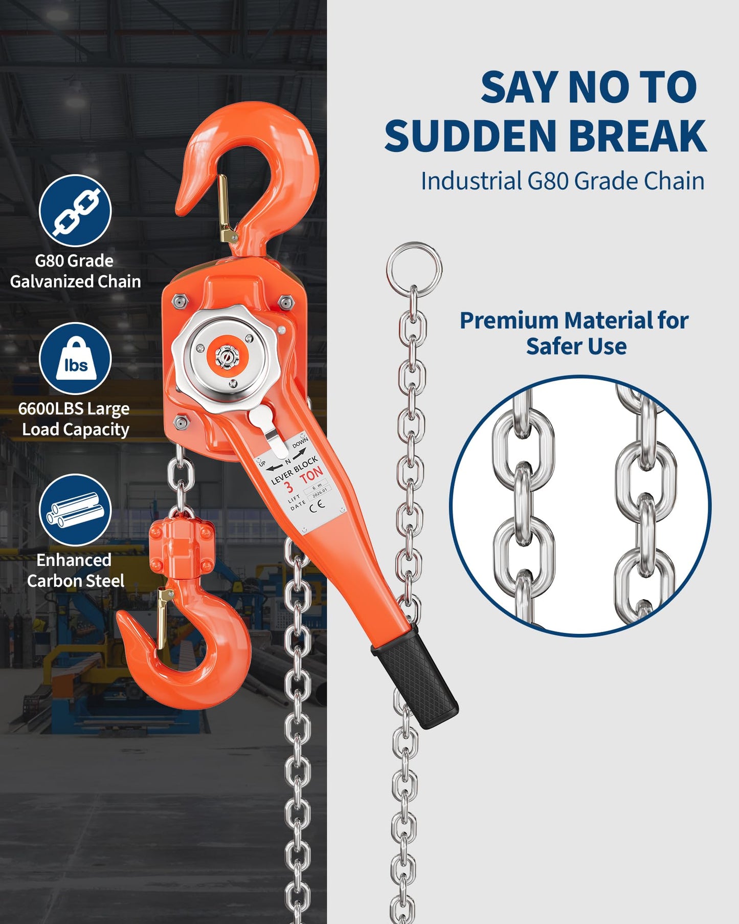 Manual Lever Chain Hoist 3 Ton 6600 lbs Capacity, 20FT Come Along with G80 Galvanized Steel Chain, Weston Double Pawl Safety Brake, 360° Swivel Hook for Garage, Factory, Dock, Construction