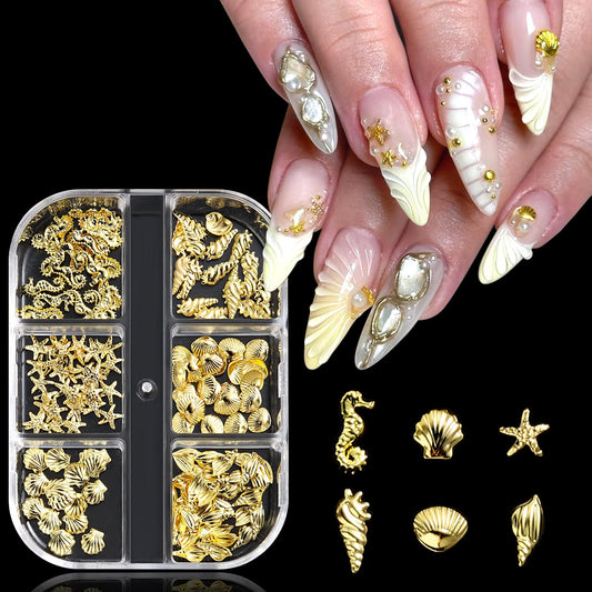 Furtherpretty 3D Beach Nail Charms, Gold Metal Starfish & Seashell Nail Charms,Tropical Ocean Nail Art Decorations, Summer Nail Accessories for DIY Manicure, Concha nácar para uñas