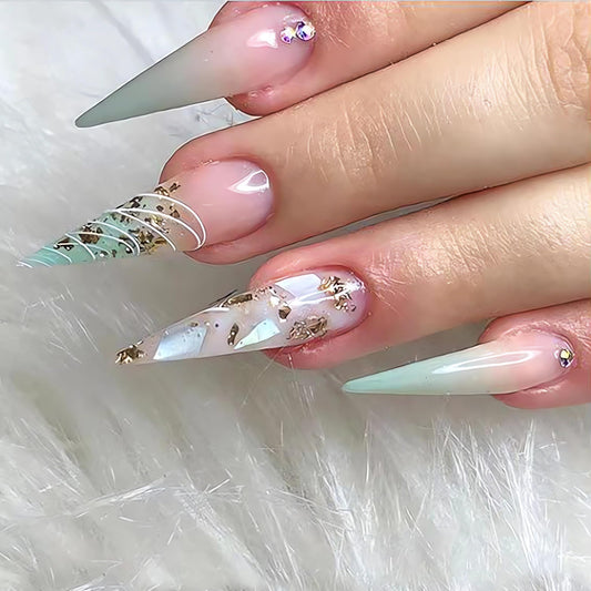 IMSOHOT Long Length Press on Nails Stiletto Green Gradient Fake Nails Glitter Gold Foil Full Cover Glue on Nails Almond Acrylic Nude False Nails with Rhinestone Designs 24Pcs for Women