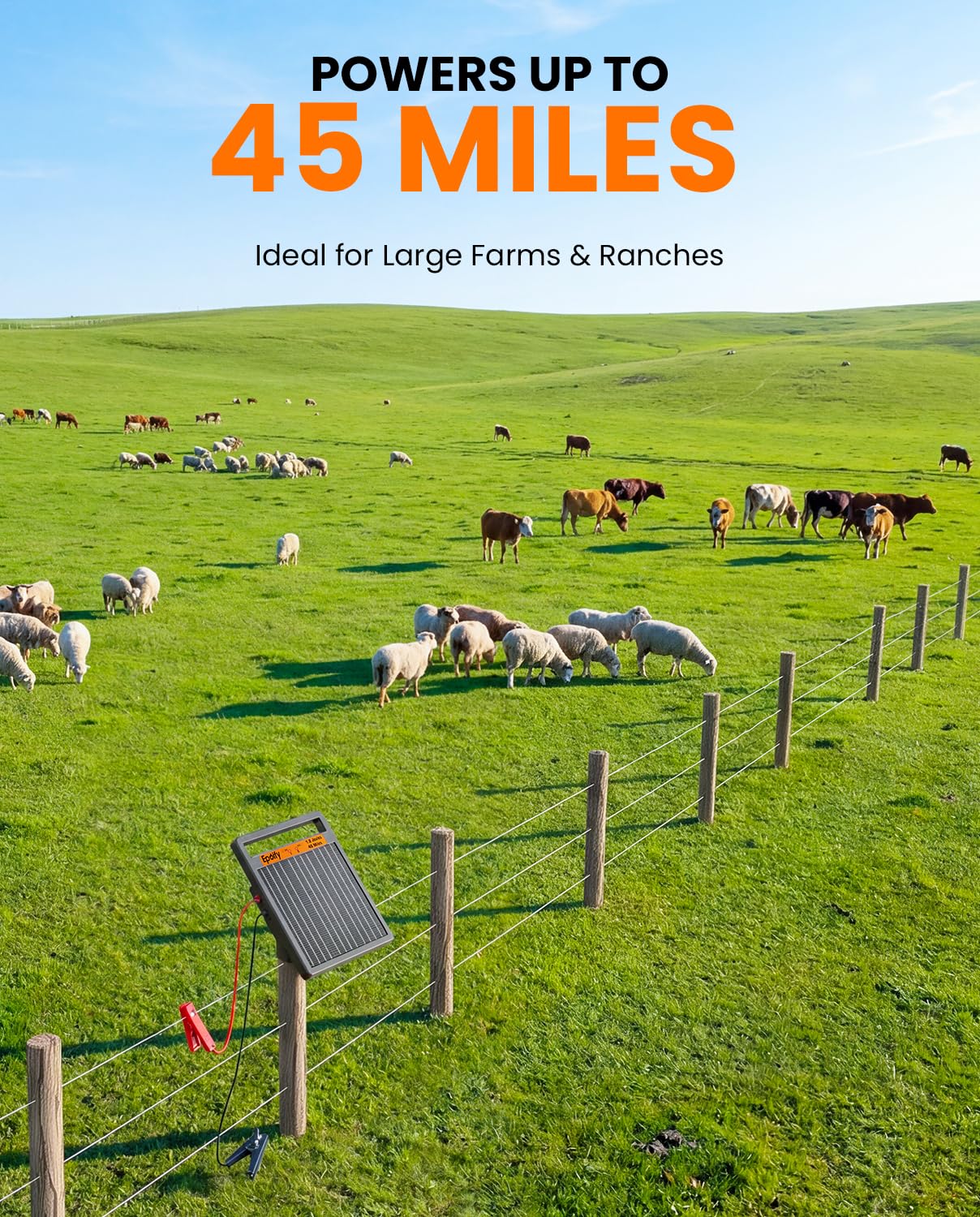 Solar Electric Fence Charger 1.2J Stored Energy, 45 Miles Coverage,8W Solar Fence Energizer with 10000mAh Battery,7–11kV Output, Smart Alarm, All-Weather Fence Charger for Cattle, Horses & Farms