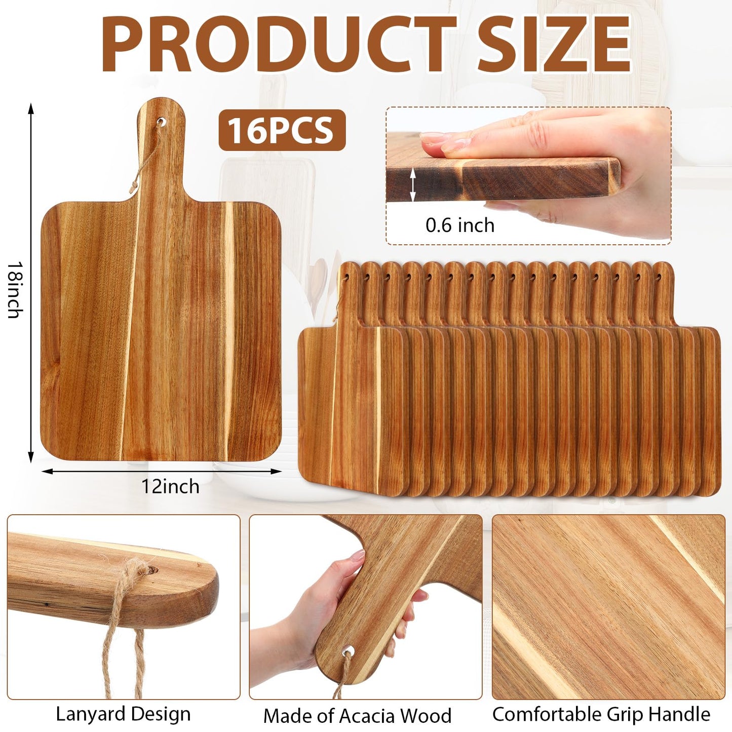 Geetery 16 Pcs Acacia Wood Cutting Board Bulk Kitchen Wooden Chopping Boards with Handle Serving Tray Charcuterie for Pizza, Bread, Cheese, Fruit, Vegetables Housewarming Gift(18 x 12 Inch)