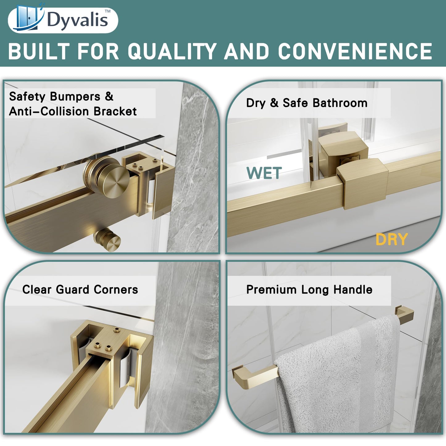 Dyvalis 43-48" W x 76" H Frameless Double Sliding Shower Door for Walk-in Shower,5/16" (8mm) SGCC Certified Clear Tempered Safety Glass,Easy-Clean Coating,Quiet Heavy-Duty Roller System,Brushed Gold