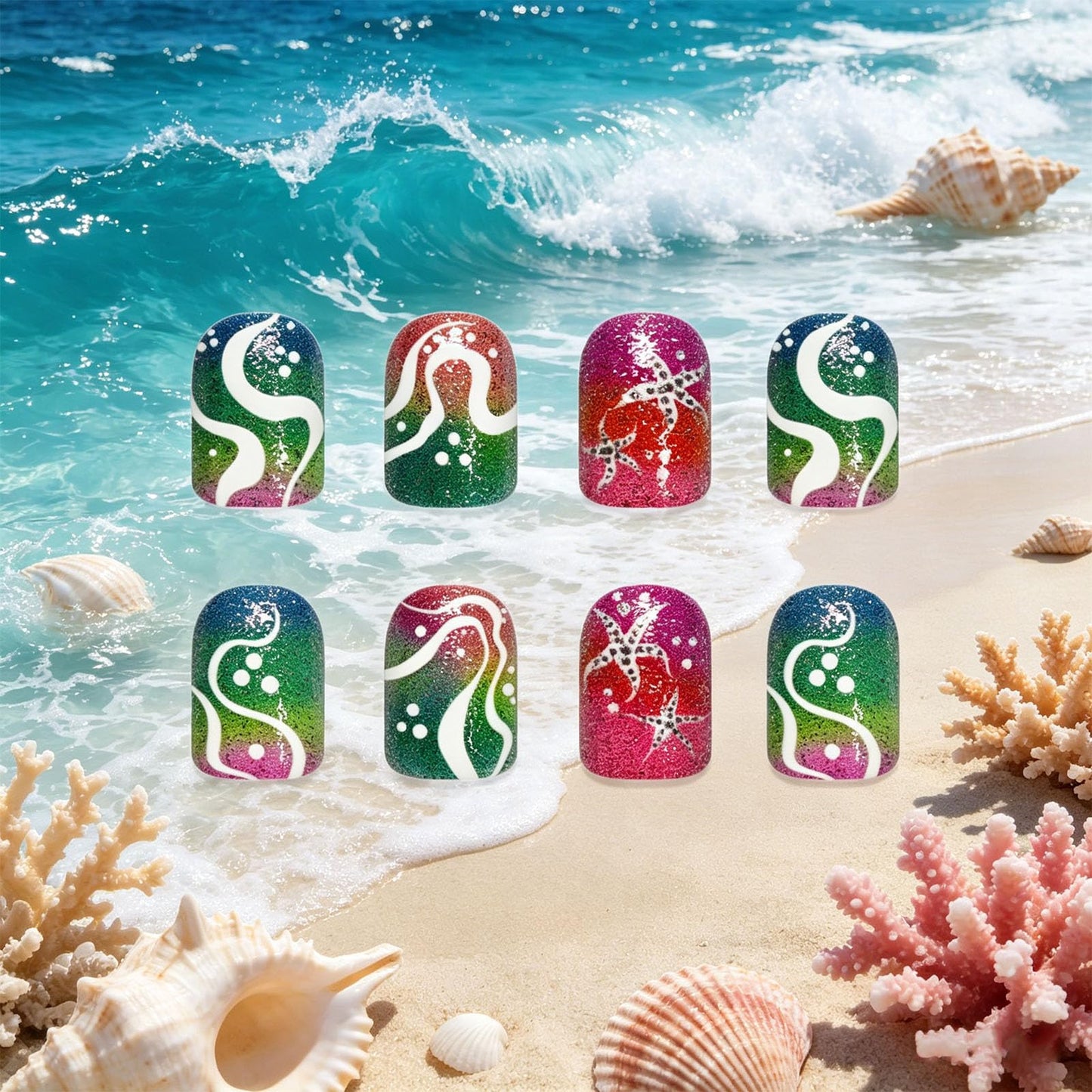 Ocean Starfish Press on Nails with Summer Beach Design Glossy Rainbow Ombre Fake Nail Short Square False Nails Seaweed Full Cover Stick on Nail Wave Glue on Artificial Fingernails for Women Wear