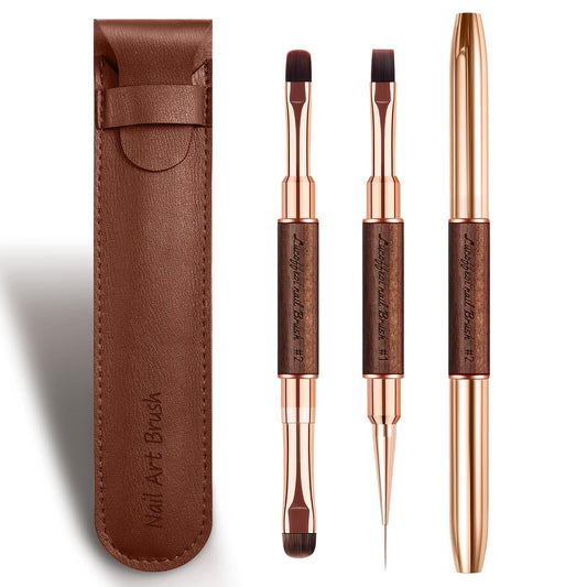 Nail Brushes Set for Builder Gel & Polygel, 2-Pack Double-Ended with Wooden Handles & Pouch (Round + Square, French tip + Liner)