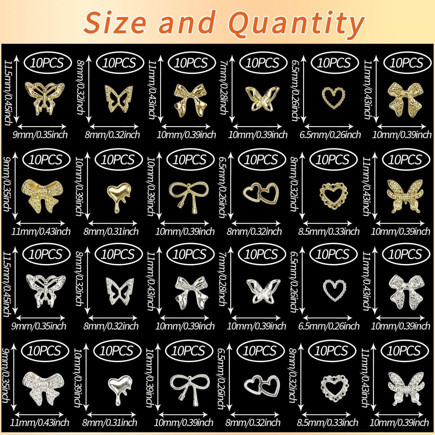240 Pcs Alloy Gold Silver Nail Charms, Butterfly Heart Bow Gold Silver Nail Charms and Gems, 3D Y2K Metal Nails Jewels for DIY Nails Design Craft
