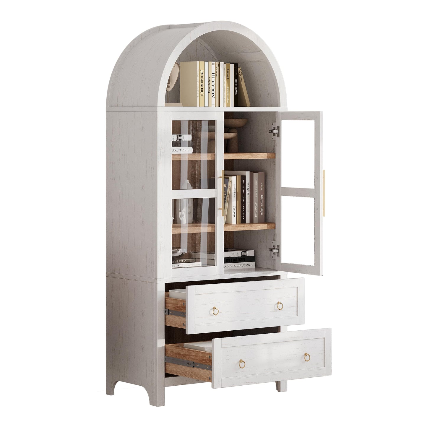 Erteliza 71" Farmhouse Arched Storage Cabinet with Glass Doors, Tall Arched Cabinet with Drawer, Adjustable Shelves & Door Racks, Modern Kitchen Pantry Cupboard, White