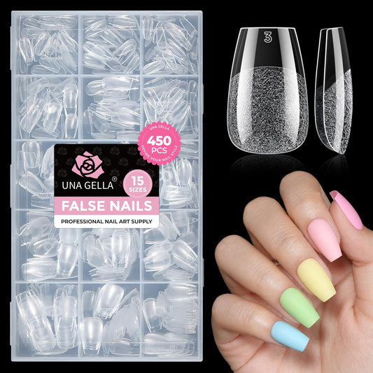 UNA GELLA Short Coffin Nail Tips: 450PCS Fake Acrylic Gel Nail Tips 15 Sizes Soft Clear Pre-Etched Nails Extension Full Cover Coffin Press On Nails Home DIY Salon