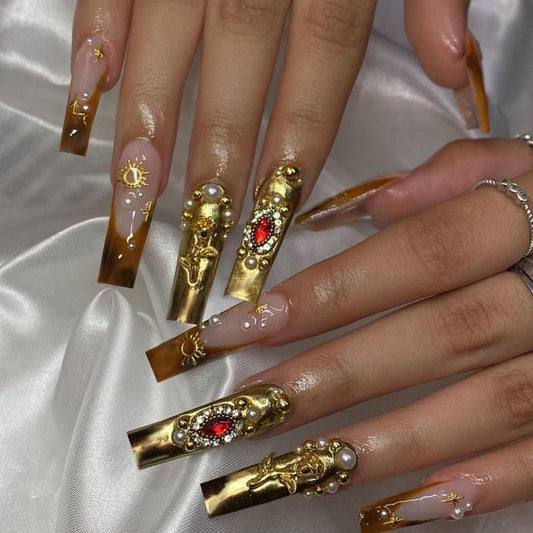 Long Press on Nails Square Fake Nails Bow Artificial Nail Pearl and Red Rhinestones Designs Gold Flowers Stick on Nail for Women 24pcs