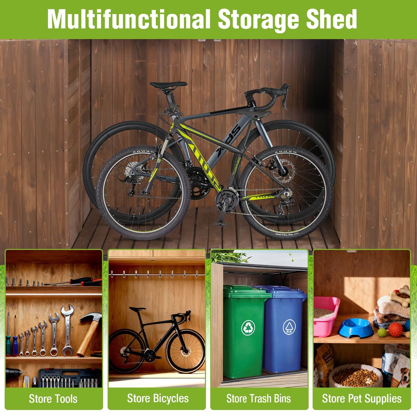 Joyqinchen Outdoor Storage Shed with Strong Metal Frame, Wooden Garden Sheds with Adjustable Shelves and Removable Floor, Weatherproof Outdoor Trash Can Shed, Horizontal Storage Cabinet for Patio