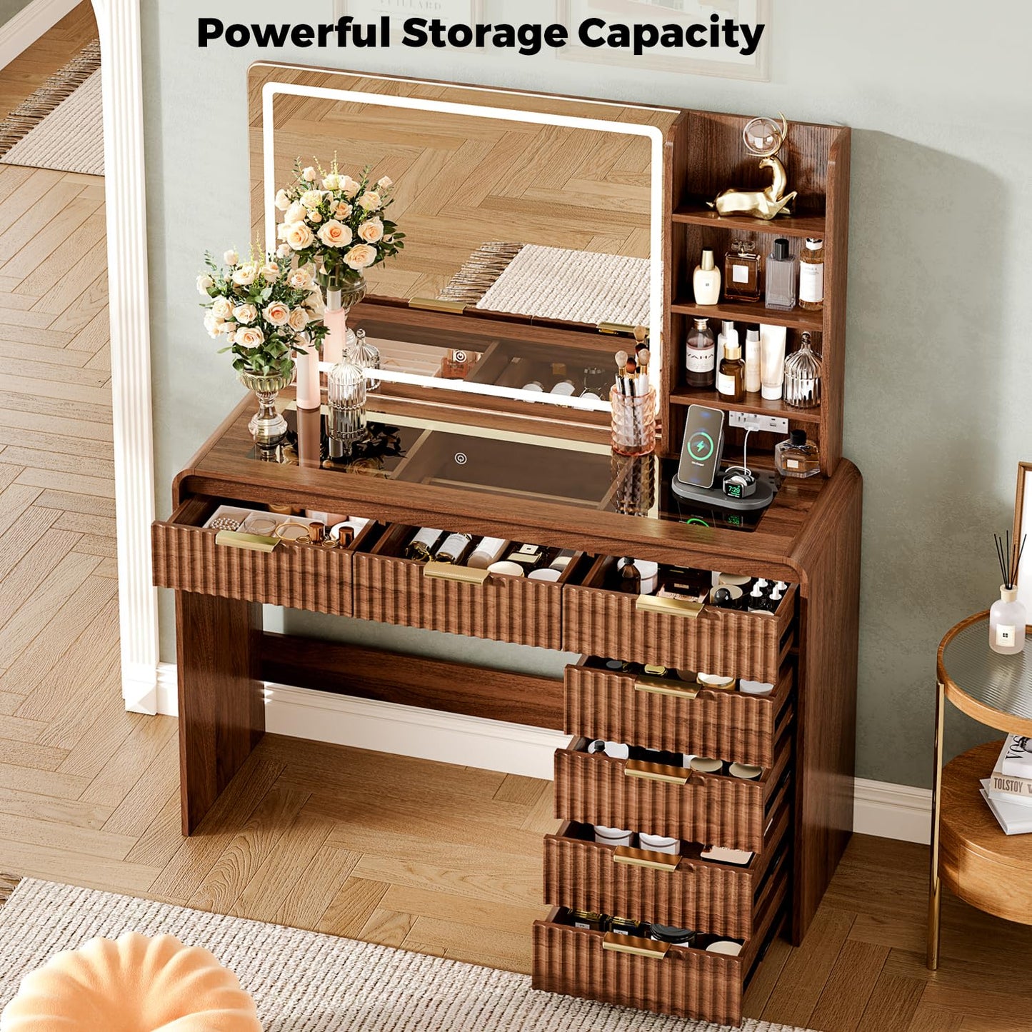 47“Makeup Vanity Desk with Mirror and Lights, Vanity Desk with 7 Drawers & Storage Shelves, Vanity Table with Power Outlet, 3 Color Modes & Adjustable Brightness Dressing Table, Bedroom,Brown