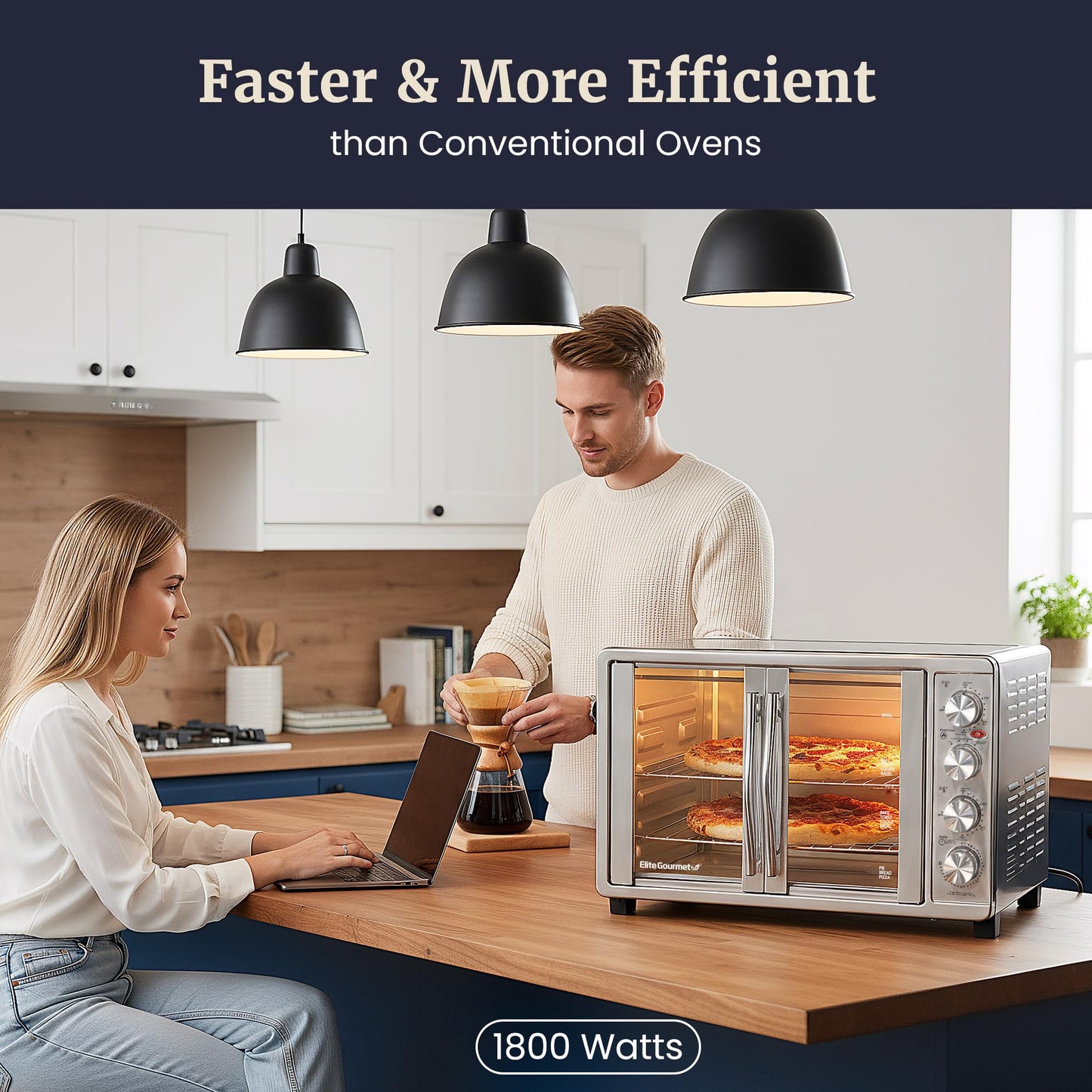 Elite Gourmet ETO-4510M French Door 47.5Qt, 18-Slice Convection Oven 4-Control Knobs, Bake Broil Toast Rotisserie Keep Warm, Includes 2 x 12" Pizza Racks, Stainless Steel