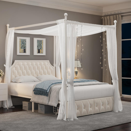 Keyluv Queen Upholstered Canopy Bed Frame with 2 Storage Drawers & Button Tufted Headboard, Metal Platform Bed with 4 Removable Posts, Two-Purpose Velvet Bed, Beige/Curtain Not Included