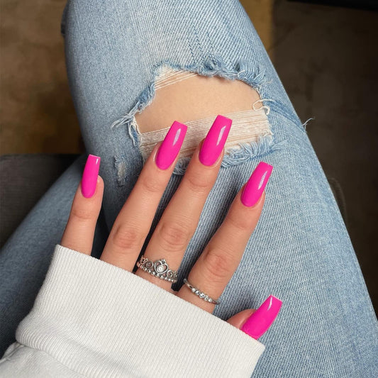 Hot Pink Press On Nails Medium Long Square, Xcreando Medium Coffin Nails Acrylic Press ons Glue on Nails Long Length, Solid Color Fake Nail for Women, Natural Thick Artificial Nail Stick on, Neon Pink