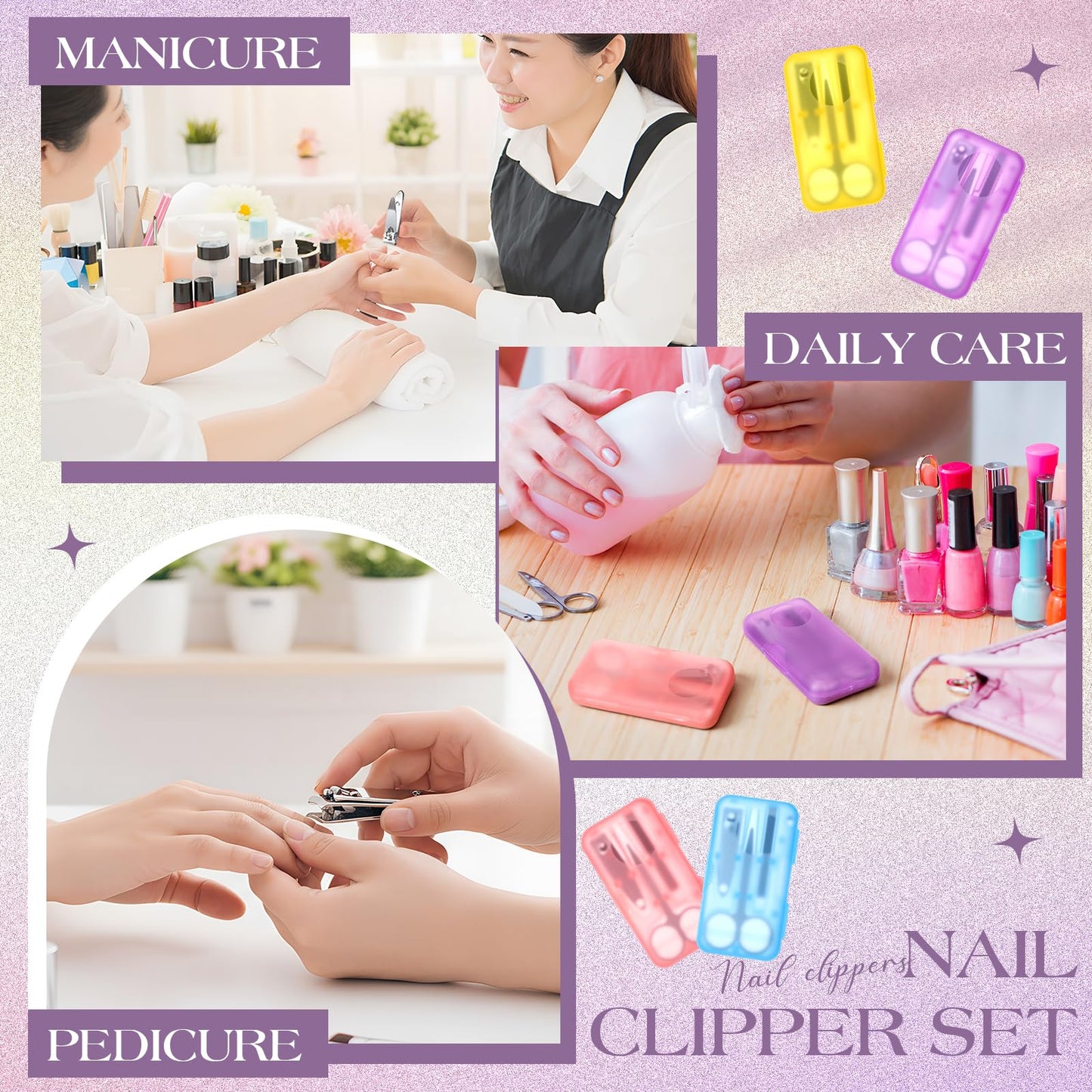 Oh Klyzo 50 Sets Nail Clipper Set 4 in 1 Manicure Kit Bulk Adult Metal Travel Fingernail Manicure Set with Case Individually Wrapped Personal Pedicure Kit Gift for Men Women Hotel(4 Colors)