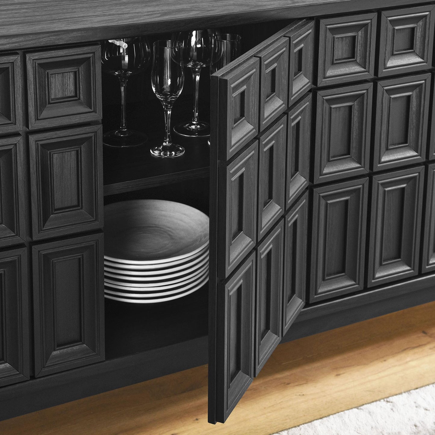 Modway Samos 62 Inch Retro Modern Sideboard with Storage in Black - Geometric Door Design Buffet Cabinet for Dining Room, Hallway, Living Room - Media Console Stand for Wall-Mounted TVs