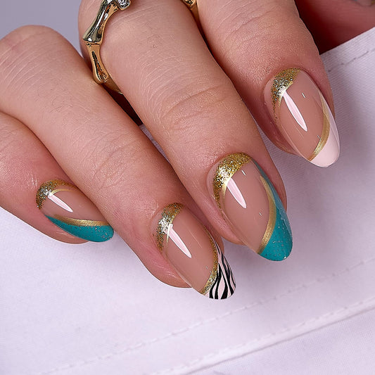 Curvlife Medium Press On Nails Kit - Full Cover False Almond Press on Nail Tips with Gold Foil French Tips Designs, Reusable & Glue Included - Easy Application Nail Accessories for Women