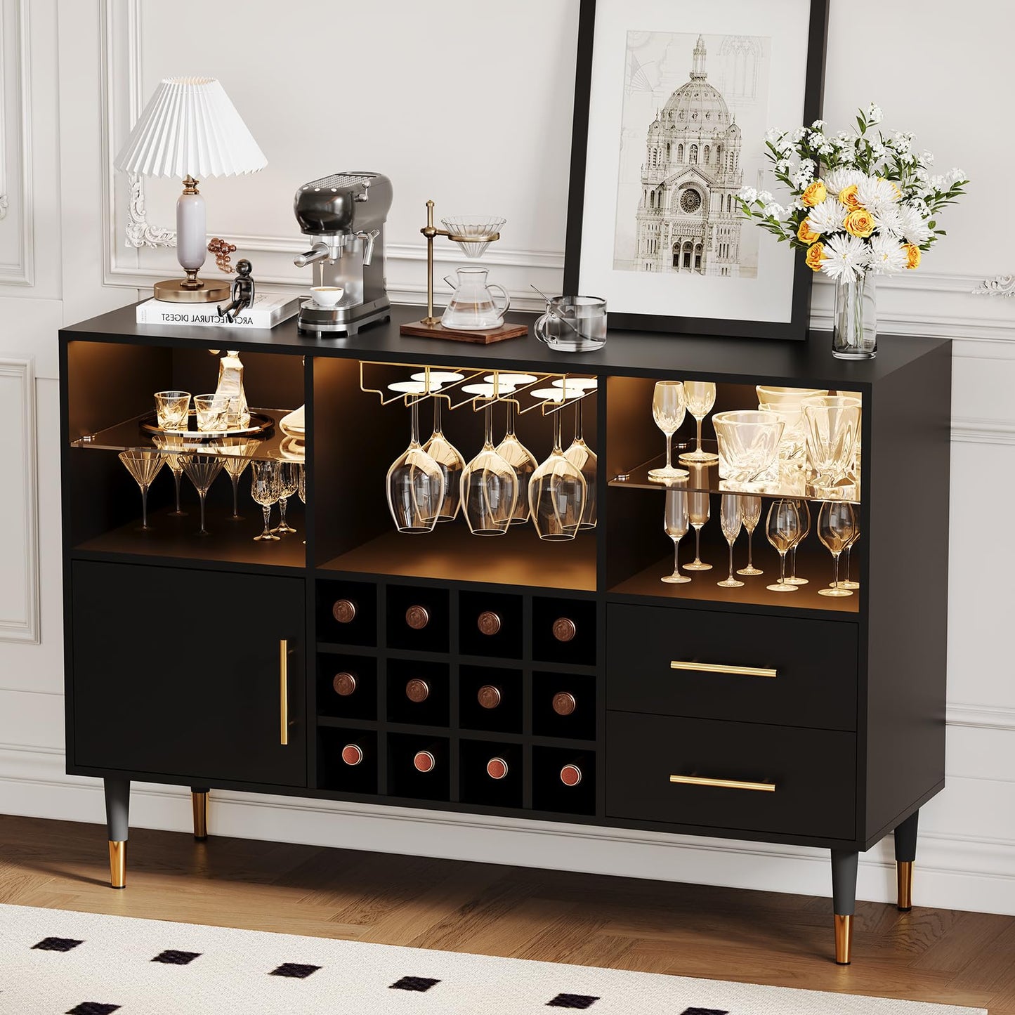 GarveeHome 47 in Bar Cabinet with LED Lights & Charging Station, Modern Sideboard Buffet Cabinet with Storage Drawers, Wine Rack & Doors, Coffee Bar Table for Living Room, Dining Room, Home- Black