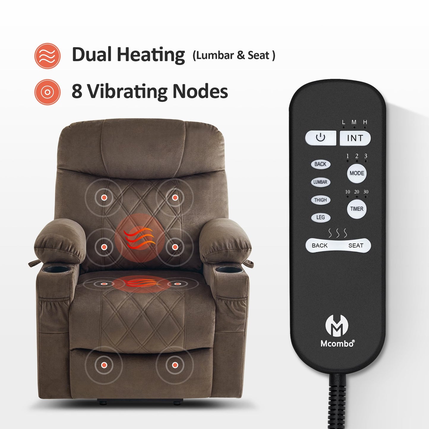 MCombo Small Size Triple Motor Power Lift Recliner Chair Sofa with Massage and Dual Heating, Adjustable Headrest for Elderly People Petite, USB Ports, Extended Footrest, Fabric 7222 (Coffee)