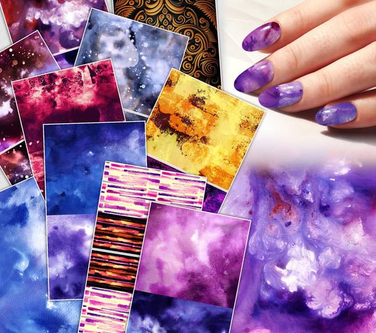 Nail Decals [10 Sheets] Galaxy Abstract Nail Strips Set Cosmic Watercolor Textures Nebula Clouds Vibrant Gradients deep Blues Purples Artistic Blends Creating Dreamy Expressive Manicure Style Unique
