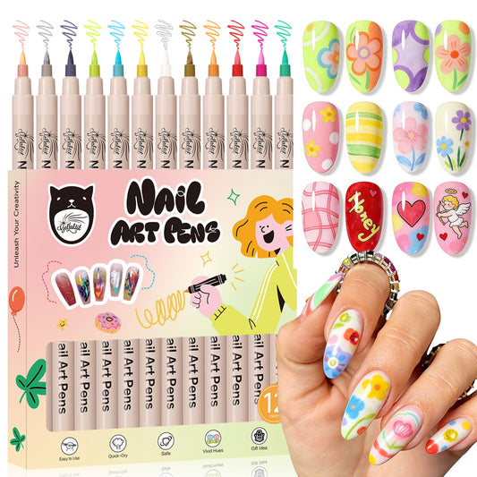 12 Colors Nail Art Pens Set, 3D Nail Polish Pens 0.7mm, Quick-Drying&Waterproof Acrylic Paint Markers, Dotting Liner for DIY Nail Design, Home & Salon Manicure Tools, Ideal for Christmas, Halloween