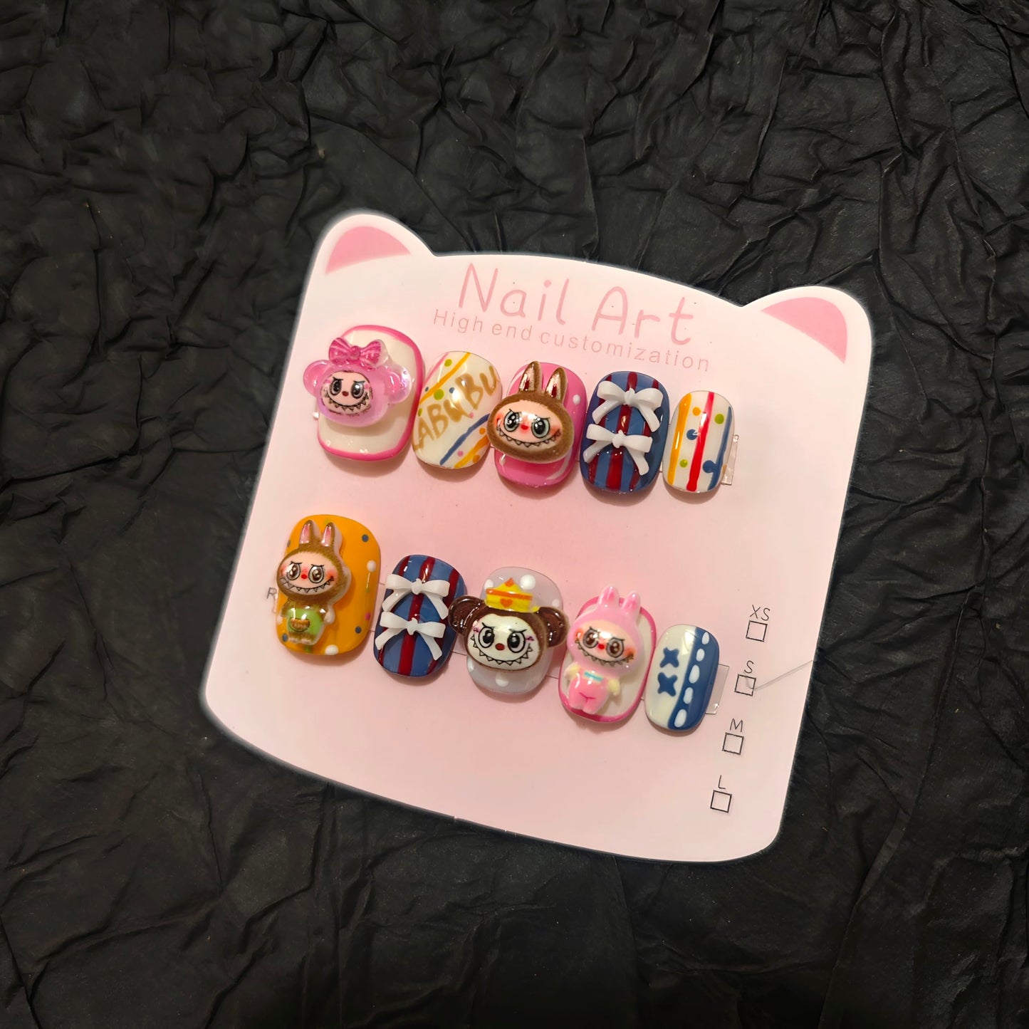11Pcs(1Pack) Handmade Press On Nails Long Square Nails 30mm with Ring Nude Black Nails 3D Bow Polka Dot Cute Elegant Nail Art for Women Daily Party Wear Size M