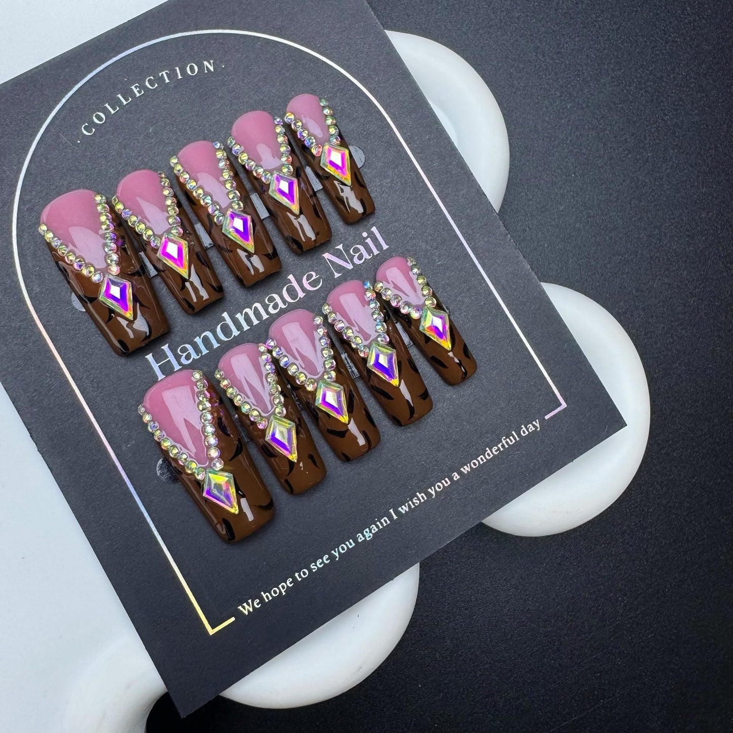 Diamond Press on Nails Handmade Long Coffin Fake Nails Fall False Nail Brown Leopard French tip Glue on Nail Rhinestone Stick on Nail Reusable Handmade Nails for Women Manicure Size M