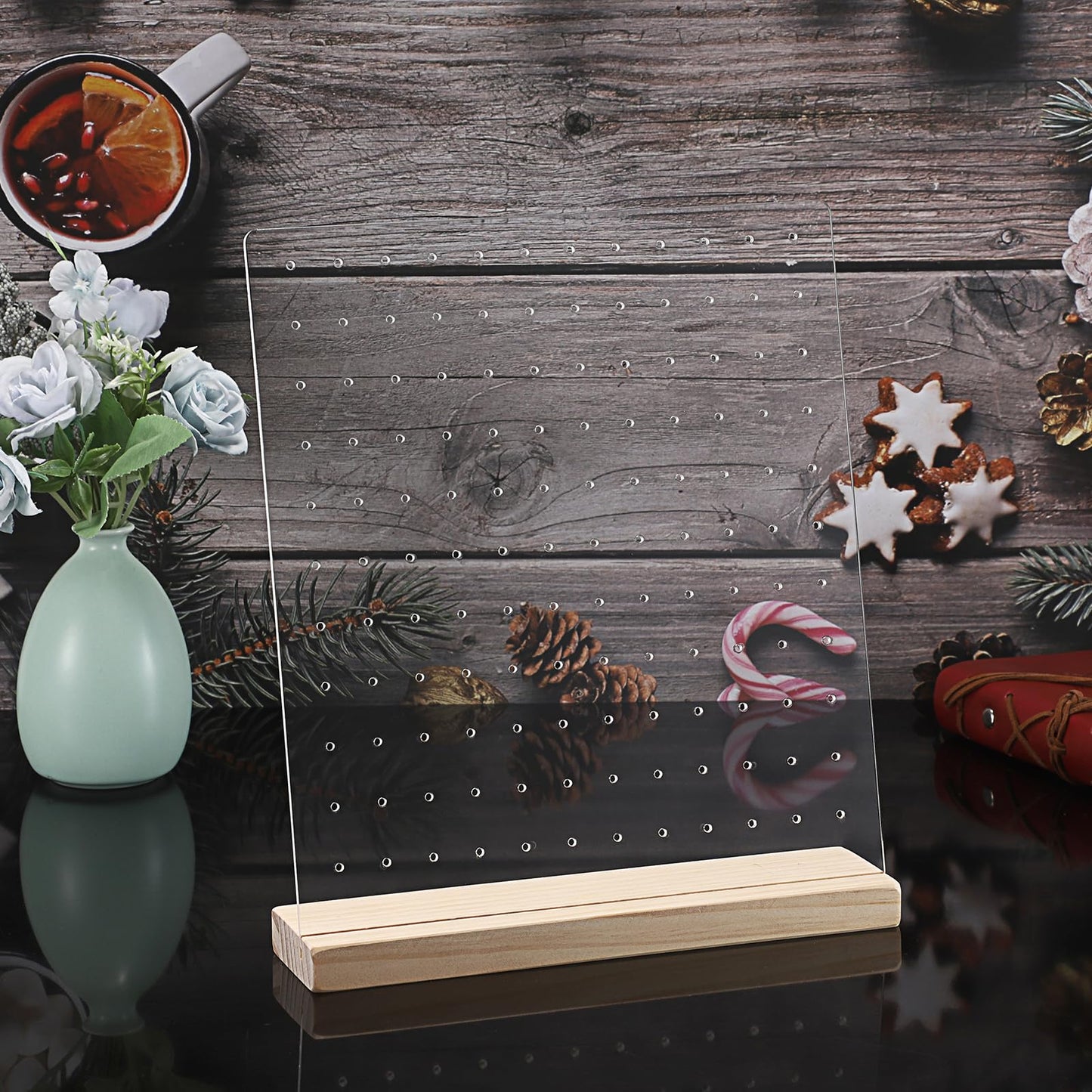 JUXYES Pack of 2 Clear Acrylic Enamel Pin Display Stand with Wooden Base. Tabletop Pin Organizer Display Storage Stand. Hold Up To 132 Pins