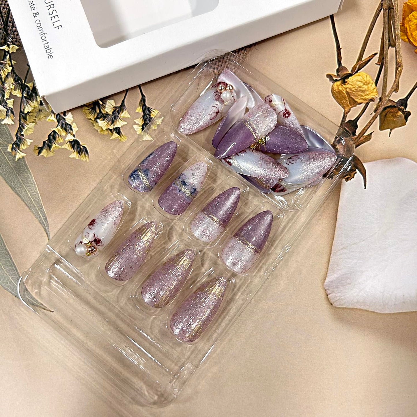 24Pcs Flower Press on Nails Medium Almond Shaped Pearl Bow Design Glitter Powder False Nail Full Cover Glossy Purple Artificial Stick on Nails Reusable 3D Floral Press Ons Glue on Nail for Women