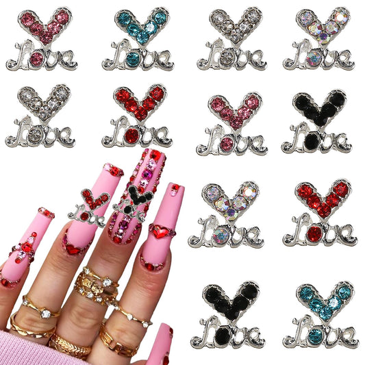 12Pcs 3D Heart Nail Art Charms Silver Nail Charms Heart Nail Accessories Rhinestones Diamond Alloy Nail Gems for Women Girls Valentine's Nail Art Design DIY Craft Jewelry