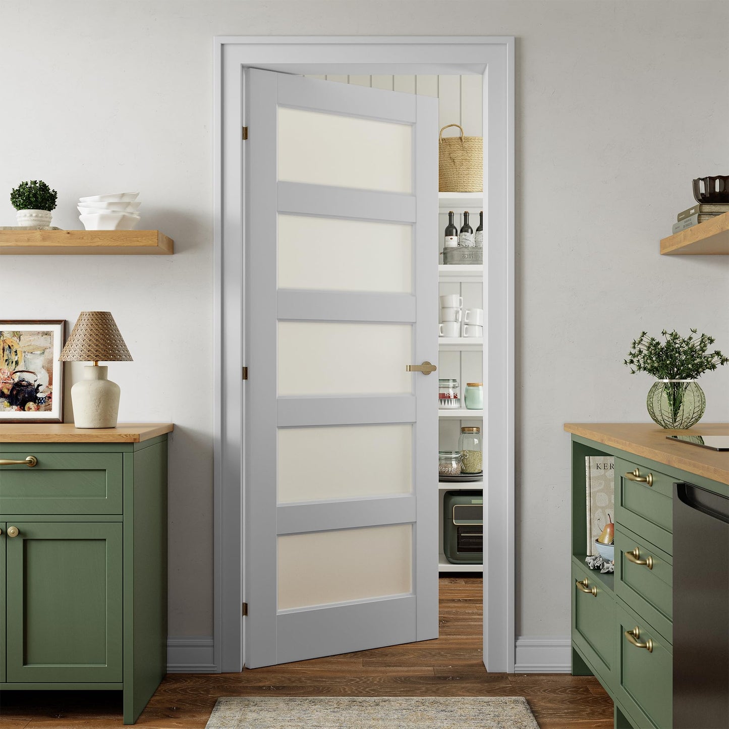 SMARTSTANDARD 5-Panel Frosted Glass Interior Door Slab, 32" x 80" Slab Door for Pantry Pocket Laundry Bathroom French, Solid Core Pre-Assembled Panel Without Hardware, White