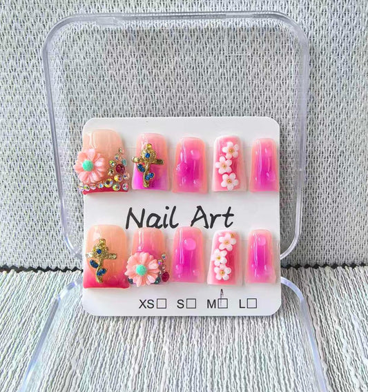 Handmade Press on Nails Duck Medium False Nails Purple French Tip Fake Nails with 3D Flower Designs Charm Cute luxury Acrylic Nails for Women (Size M）10pcs