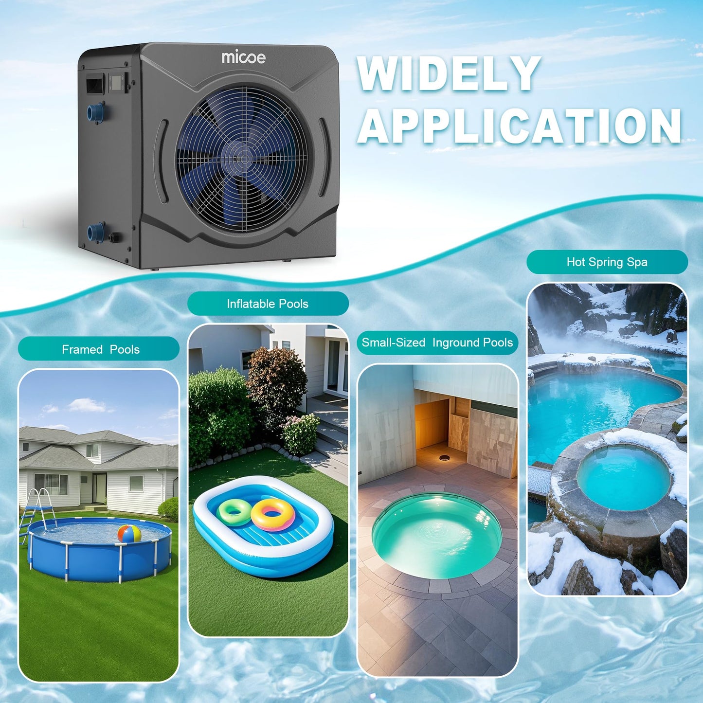 MICOE 17000 BTU Pool Heat Pump Electric Swimming Pool Heater for Above Ground Pools and Spas Up to 5000 Gallons, Titanium Heat Exchanger, Heating and Cooling, 110V/120V