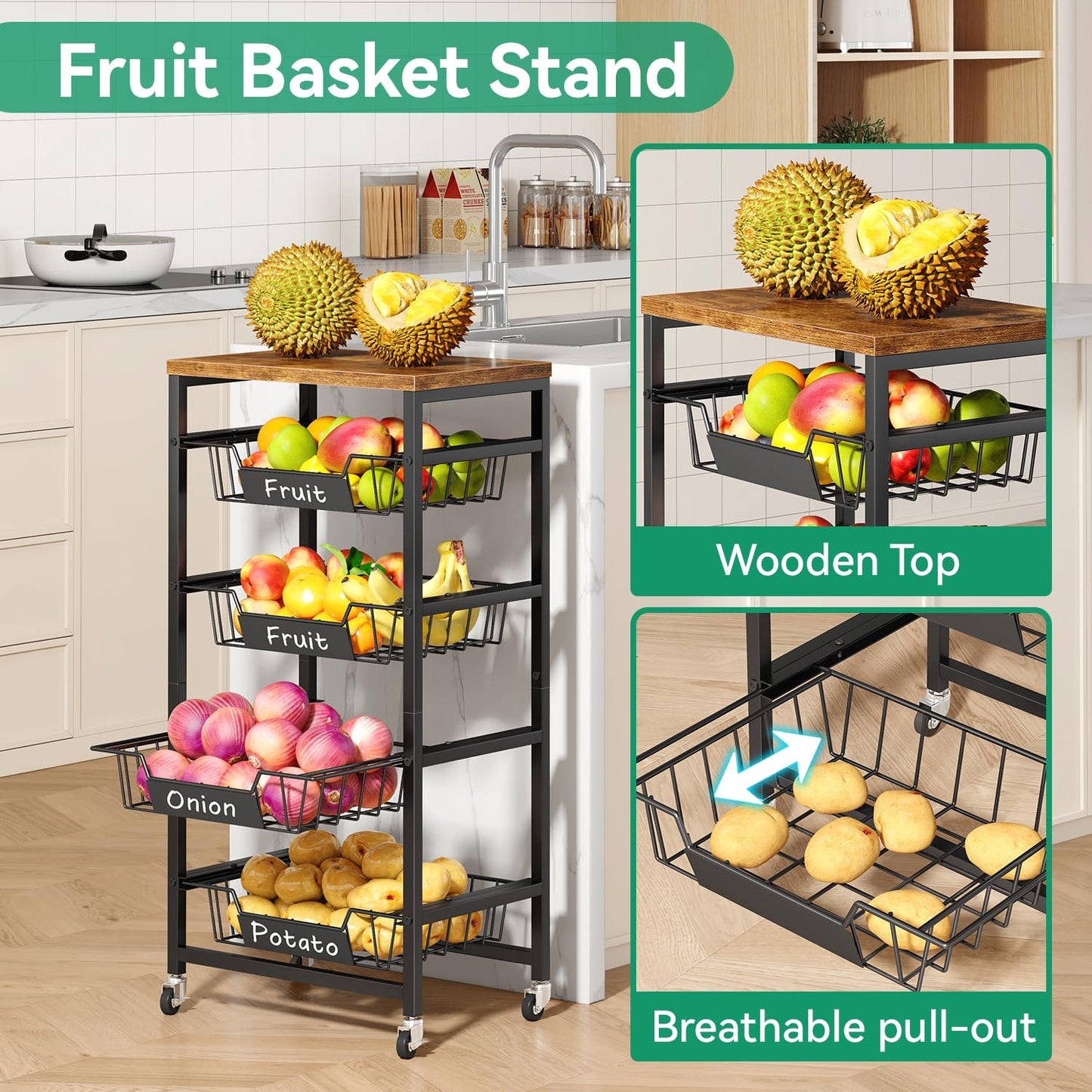 IBUYKE Kitchen Fruit Vegetable Storage Cart with Drawers,Metal Rolling Utility Cart with Fruit Basket and Wooden Top,Rolling Snack Kitchen Cart for Bedroom,Pantry,Office,Rustic Brown UTLJ026H