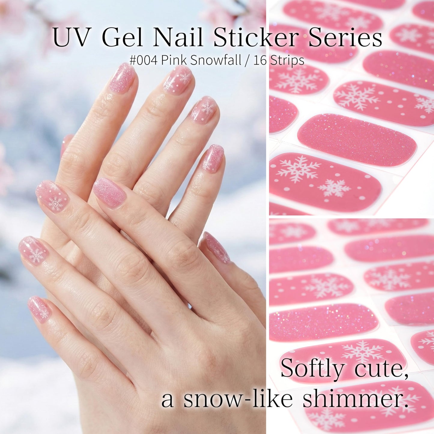 Sun&Beam Nails Semi Cured Gel Nail Strips Pink Snowflakes Real Gel Polish Wraps UV Lamp Required Winter Christmas Art 16 Stickers (#004 Pink Snowfall)