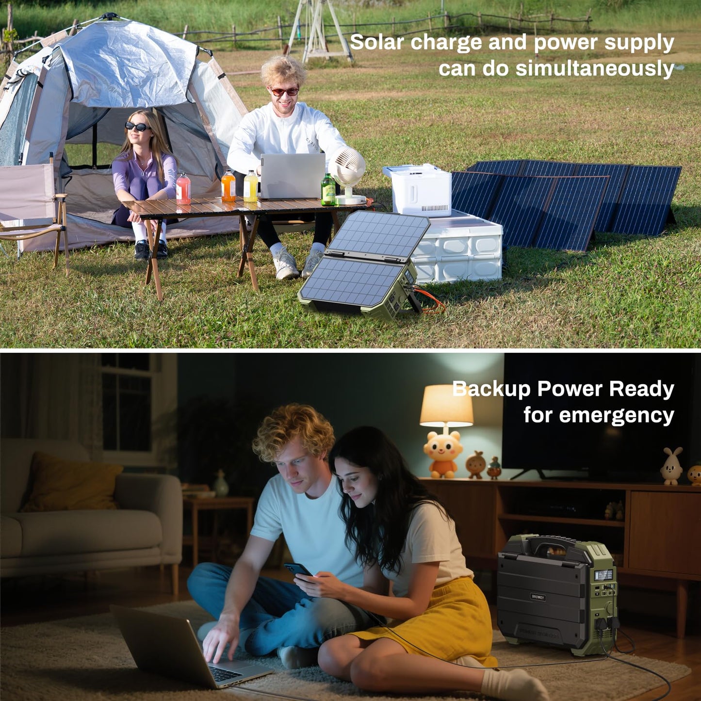 BROWEY 1600W (3200W Peak) Portable Power Station, 1024Wh LiFePO4 Battery with Built-in Solar Panel, 100W USB-C PD, Solar Generator for Camping, RV, Home Backup, Emergency