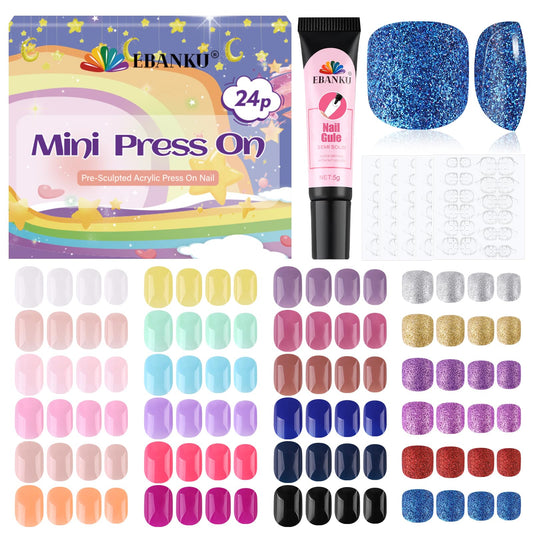 EBANKU 24 Pack Kid Fake Nail Kit, 576 Pieces Sparkle Press on Nails for Kids Colorful Stick on Nail Short Artificial False Nail Kits for Girls