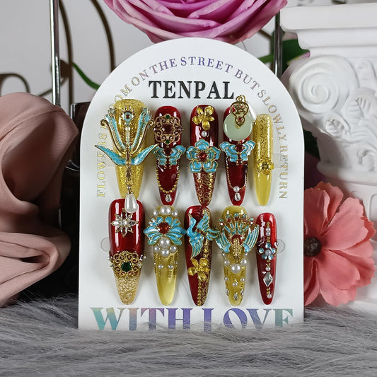 TENPAL 10Pcs Heirloom Chinese Bridal Press On Nails With Tools,Red Gold Phoenix Dragon Designs Fake Nails Long Stiletto,Full Crystals Heavy Relief Luxury Wedding Set Glue on Nails for Cheongsam(XS)