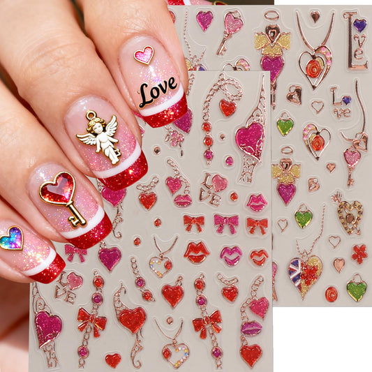 2 Sheets 5D Embossed Valentines Nail Art Stickers Glitter Pink Red Heart Bow Red Lips Nail Decals Love Key Chain Nail Design Stickers Self-Adhesive Romantic Valentine's Nails Supply for Women Manicure