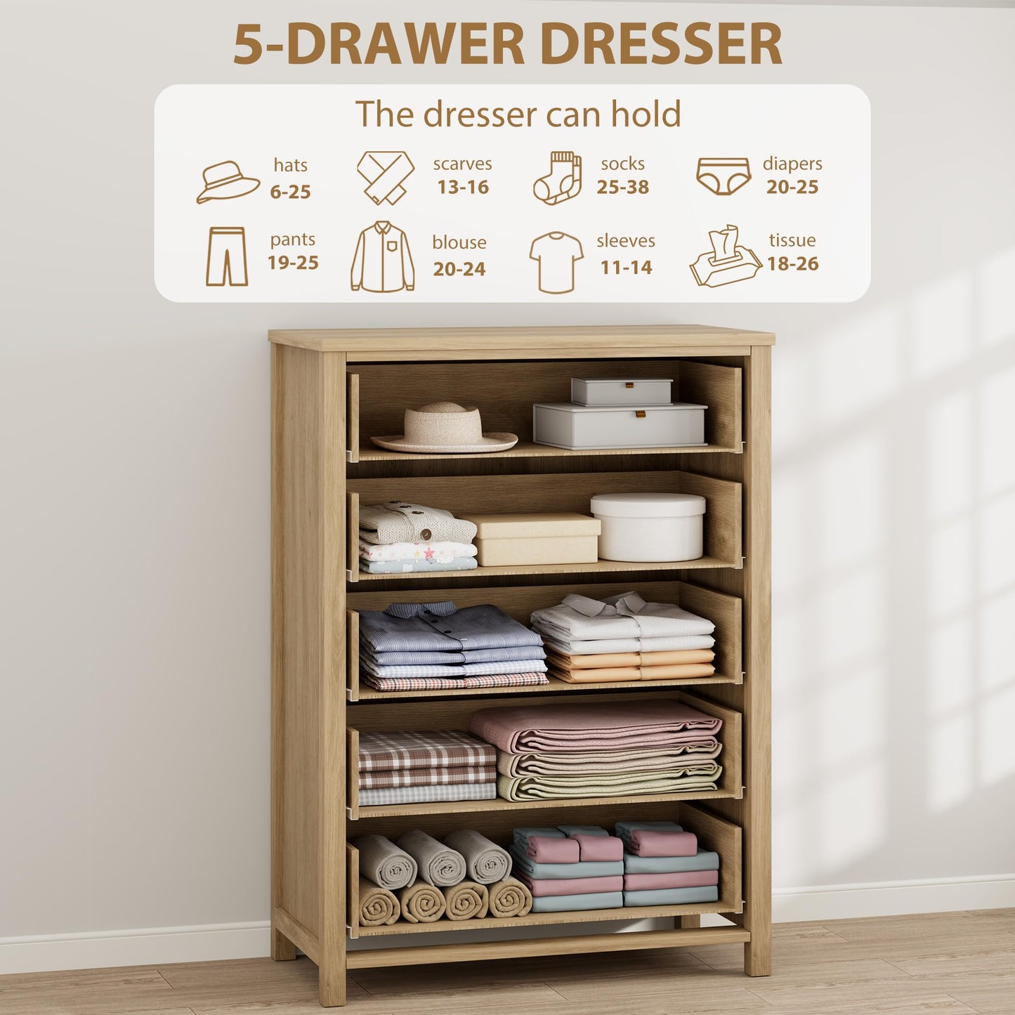 IDEALHOUSE Rattan Dresser for Bedroom with 5 Drawers, 45'' Tall Chest of Large Drawers with Large Clothes Storage Cabinet, Wood Bedroom Dresser, TV Stand for Nursery, Living Room, Enterway